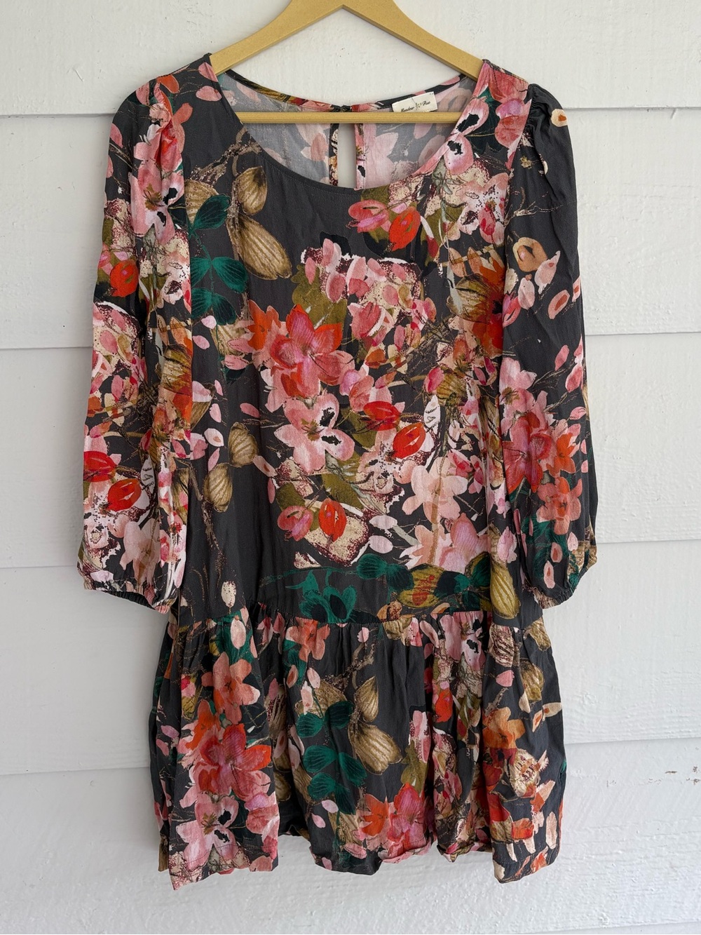 Meadow Rue Floral Dress Size 12 Anthropologie Gray Pink Drop Waist Boho